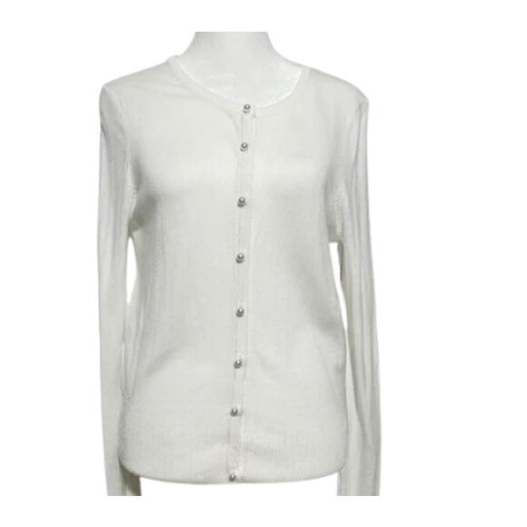 WHBM 3/4 Sleeve White Cardigan Silver Snap Buttons Size Medium - Picture 2 of 2